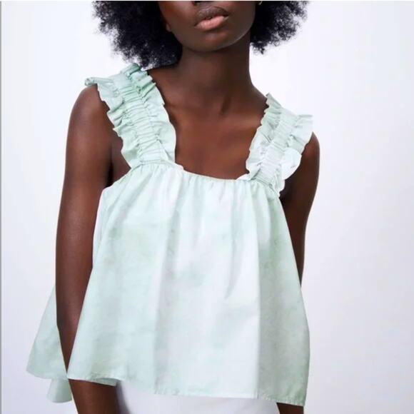 ZARA Green Tie Dye Poplin Top - Picture 1 of 8